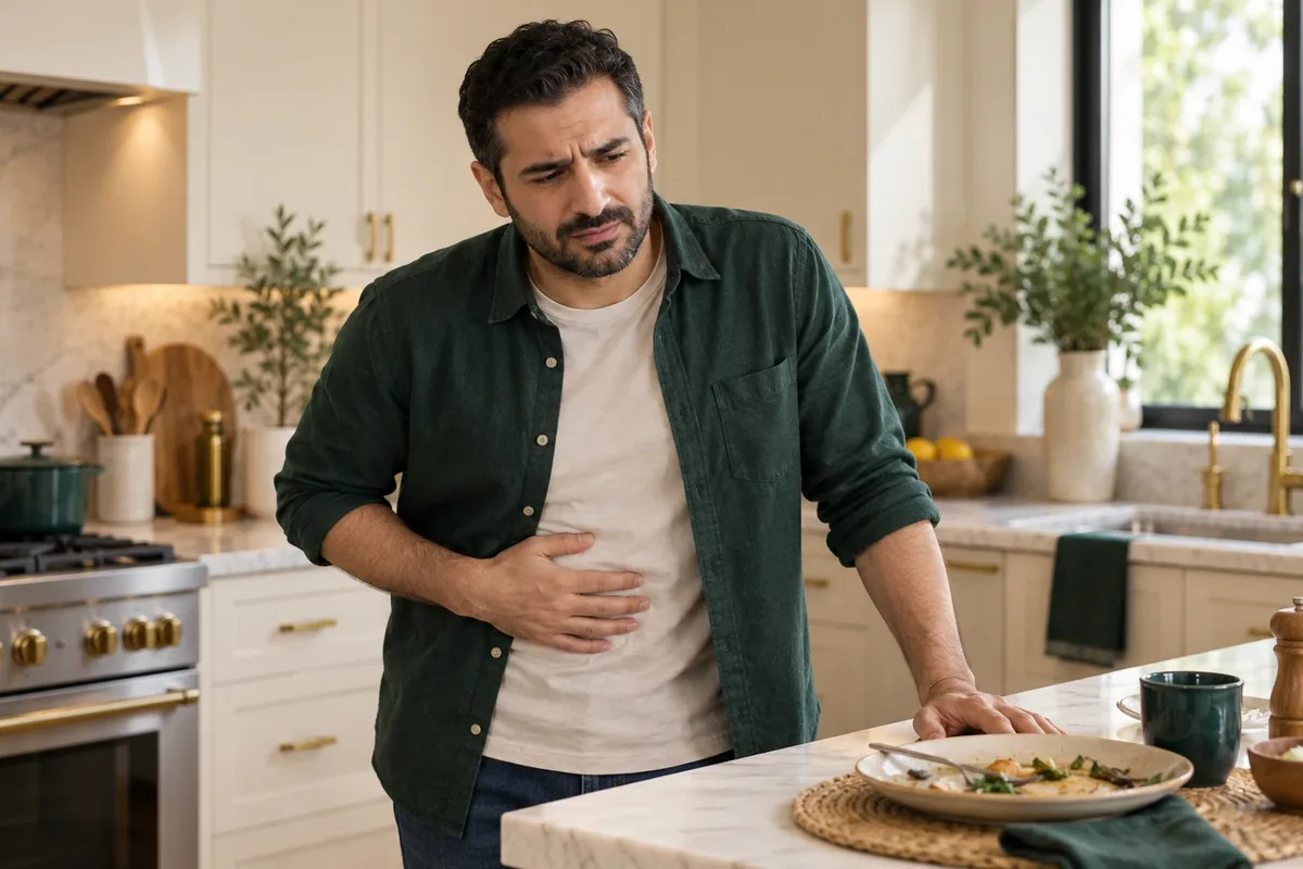 Man standing in his kitchen after a meal with a hand on his stomach, looking uncomfortable