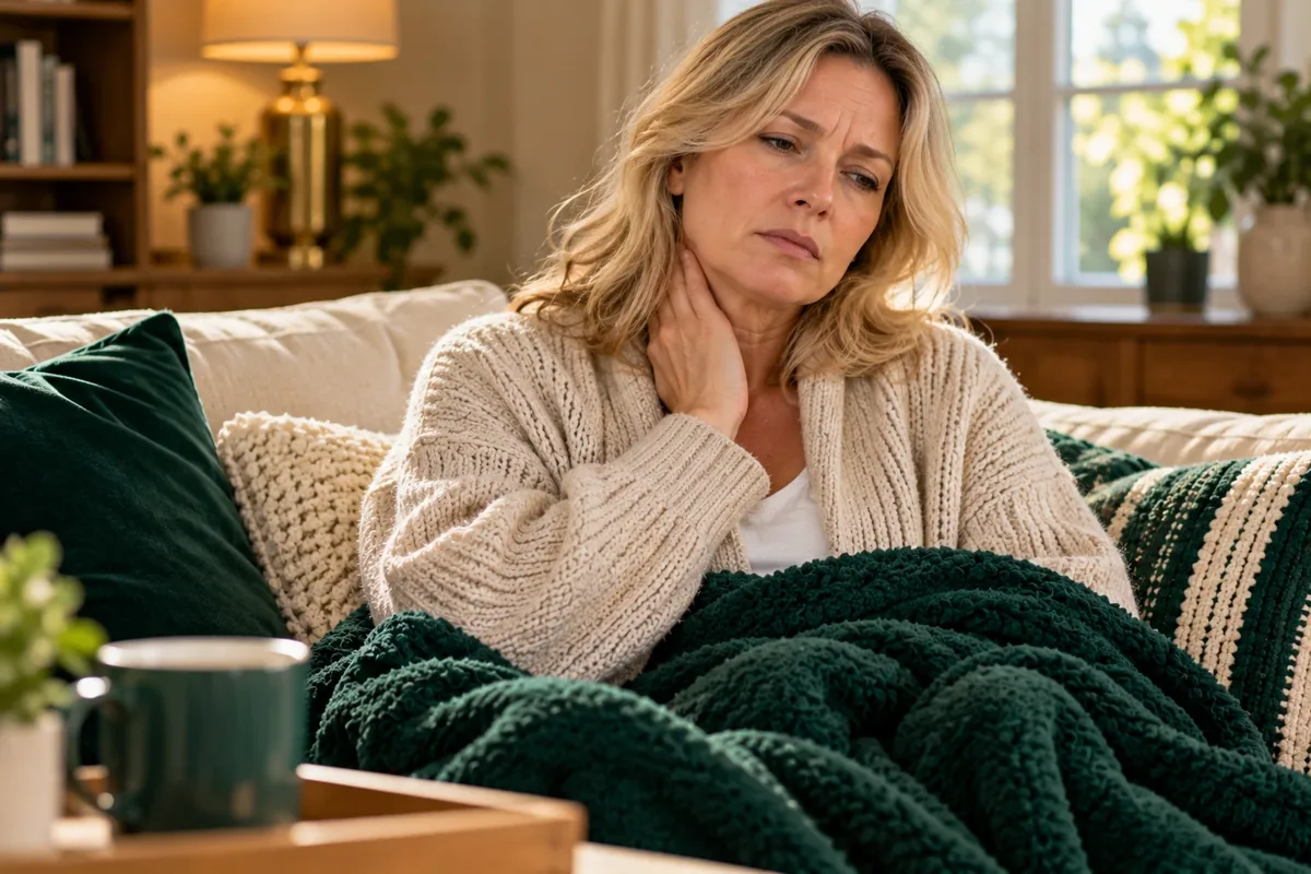 Tired woman wrapped in a cardigan and blanket on a sofa, touching her neck