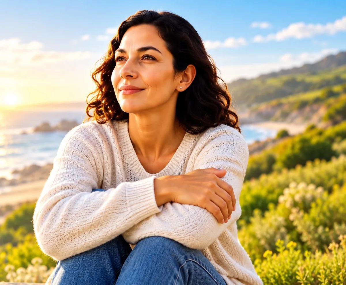 Woman relaxing on a sunny coastal hillside