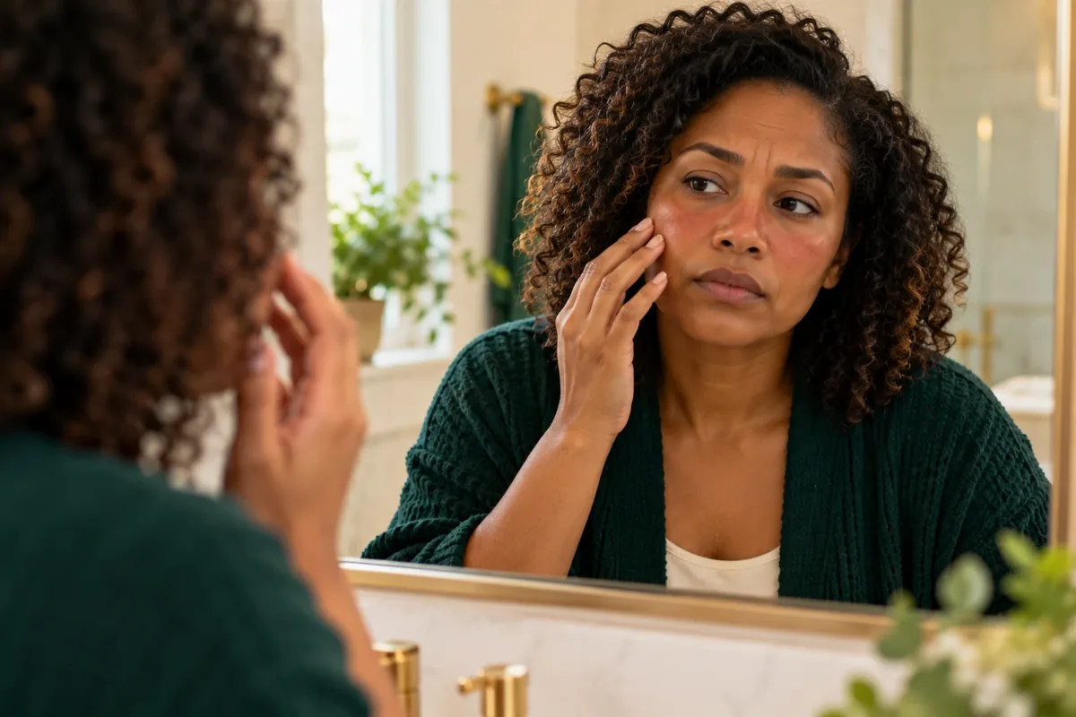 Woman at a mirror touching a faint red rash across her cheeks
