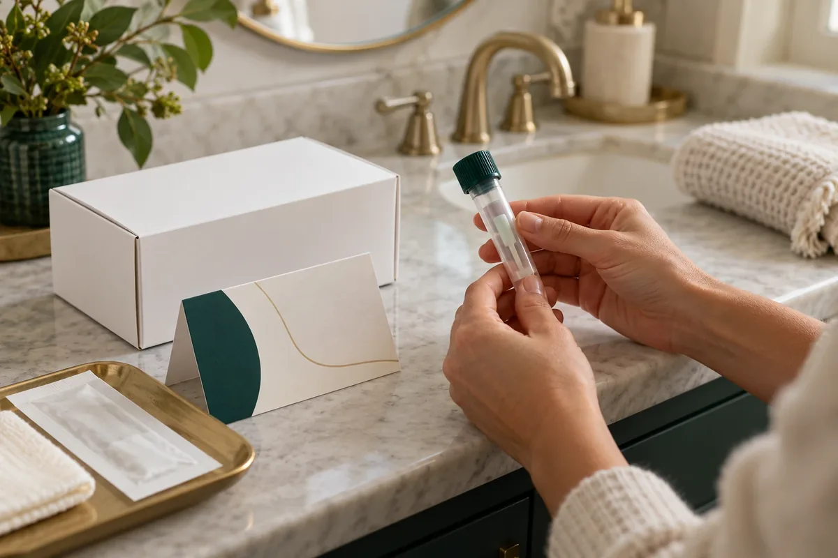 Hands holding a sample tube beside a plain home stool collection kit on a bathroom counter