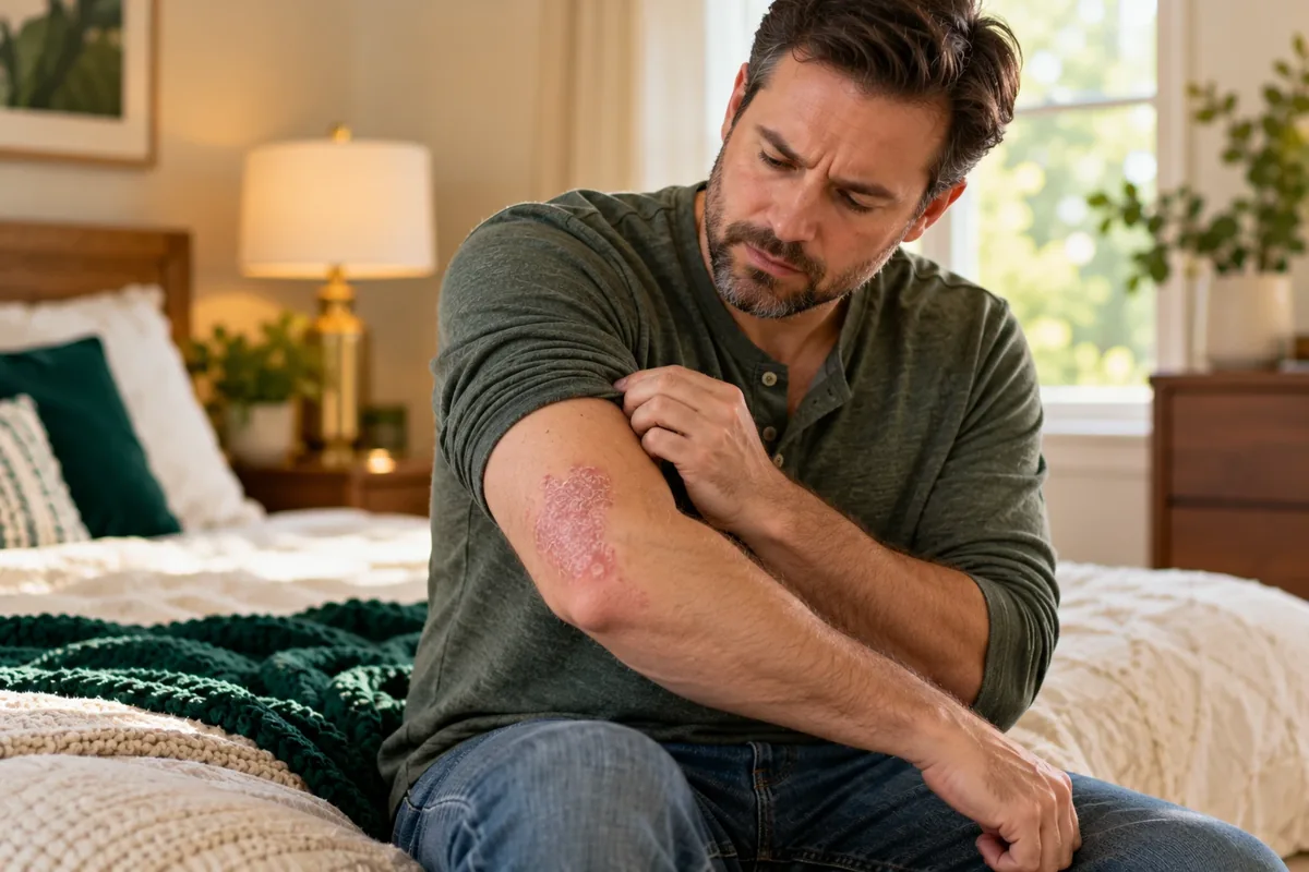 Man rolling up his sleeve to look at a red, scaly patch on his elbow