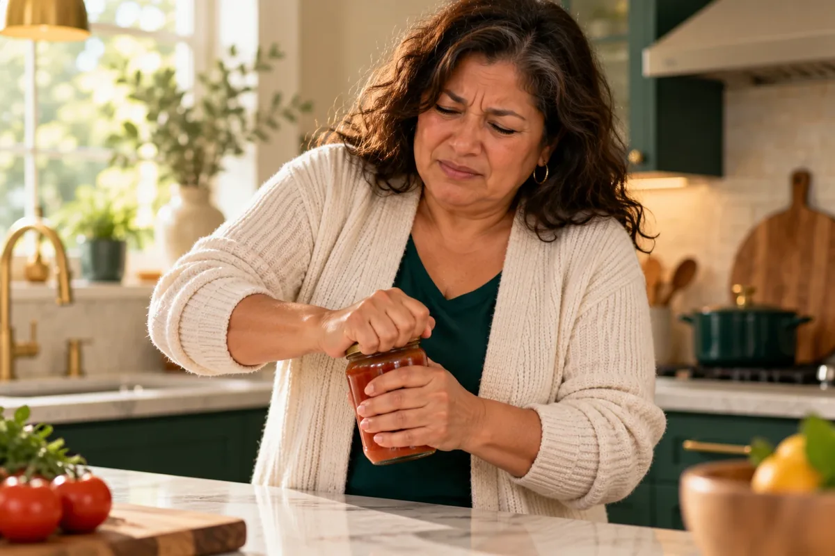 Woman at a kitchen counter wincing as she struggles to open a jar